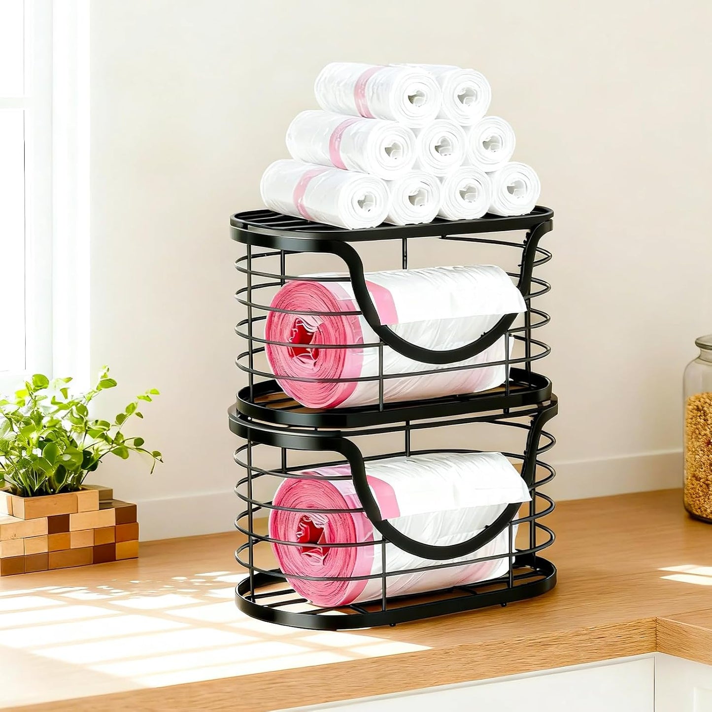 Haotao 2 Pack Trash Bag Holder，Stackable Trashbag Dispenser With Bamboo Lid，Wall Mount Garbage Bag Dispenser Organizer for Kitchen Laundry Room Under Sink