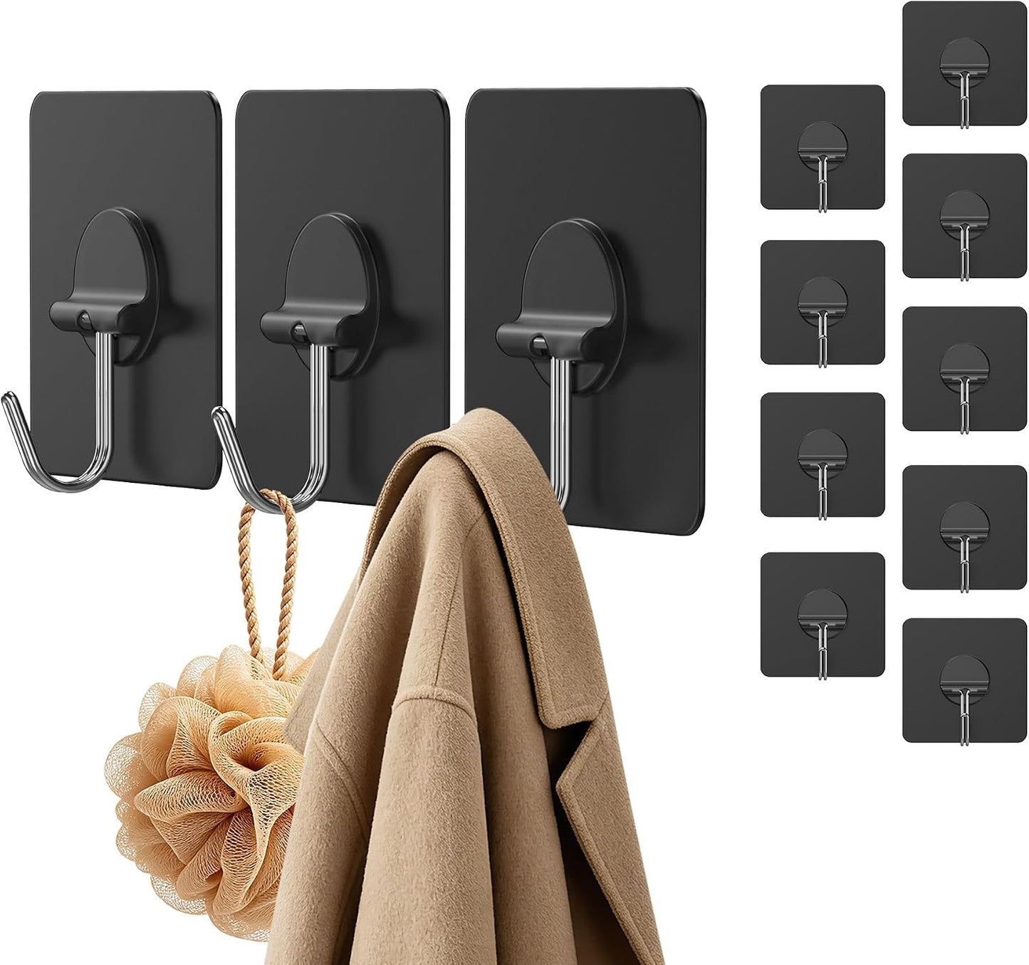 JINSHUNFA Adhesive Wall Hooks 13LB Heavy Duty No Drill Transparent Waterproof Hooks for Bathroom Kitchen Towel Coat 12 Pack