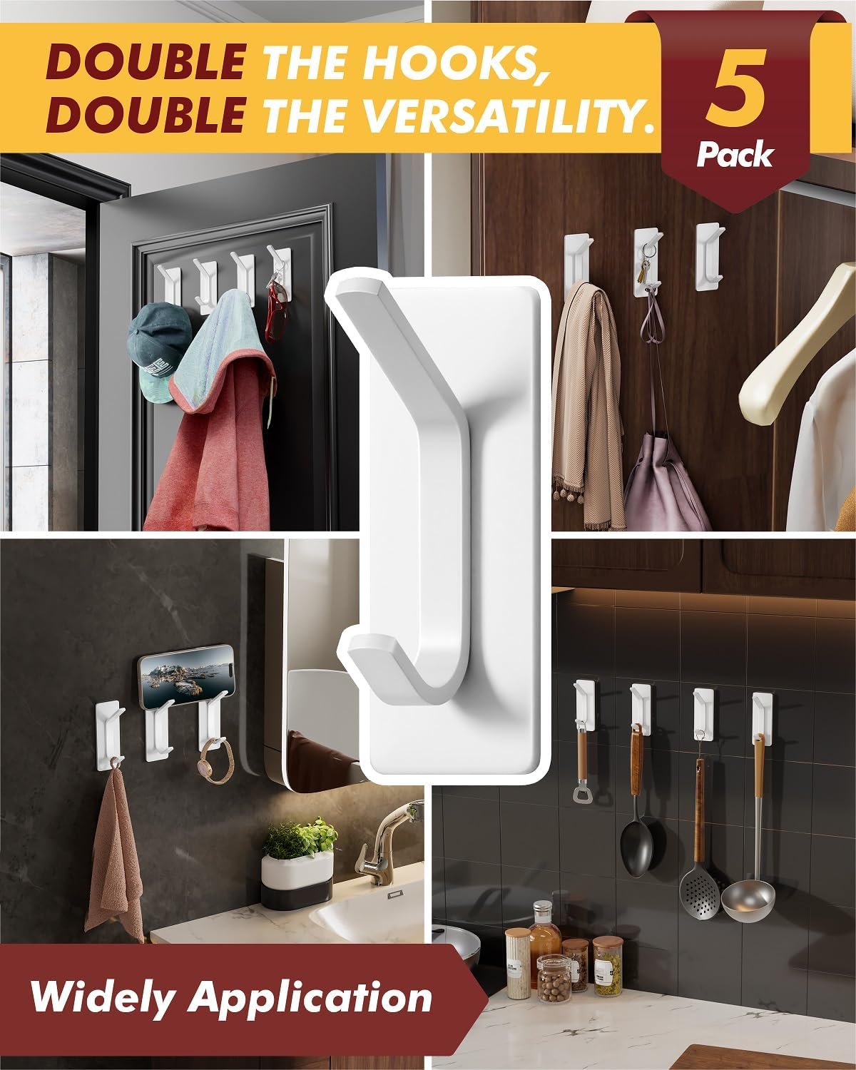 Auxmir Self Adhesive Hooks 15lbs Heavy Duty, 5 Pack Stainless Steel Wall Hooks for Coat Towel Robe, Waterproof Rustproof Oilproof, No Drill Door Hanger for Bathroom Shower Kitchen Office RV, Silver