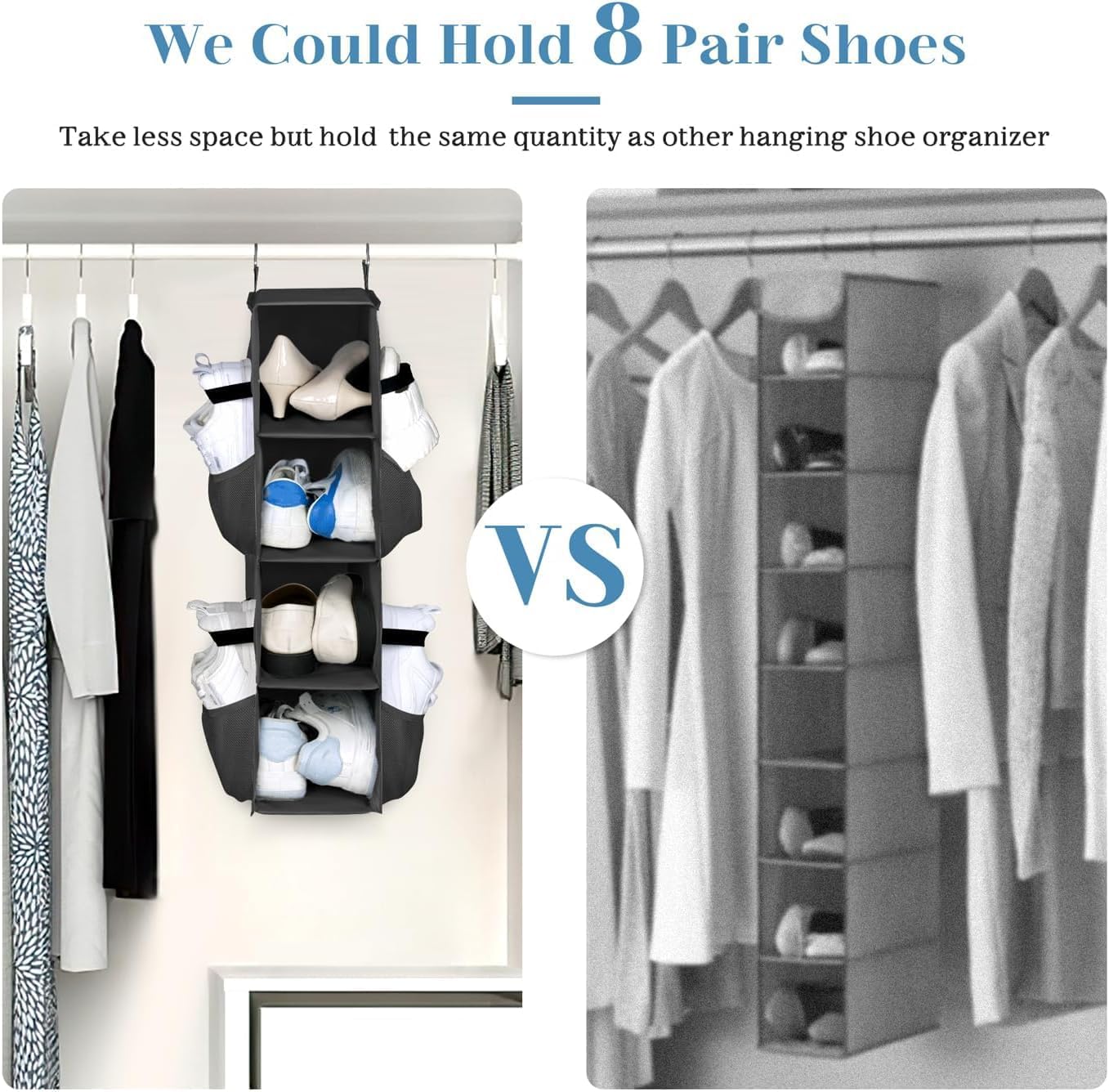 SLEEPING LAMB Short Hanging Shoe Organizer for Closet Storage with Mesh Side Pockets Holds 8 Pairs, Hanging Shoe Rack Hanger RV, Camper, Grey
