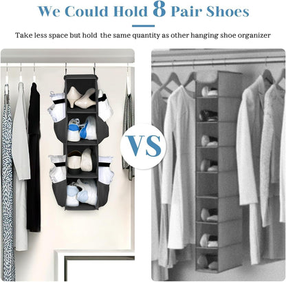 SLEEPING LAMB Short Hanging Shoe Organizer for Closet Storage with Mesh Side Pockets Holds 8 Pairs, Hanging Shoe Rack Hanger RV, Camper, Grey