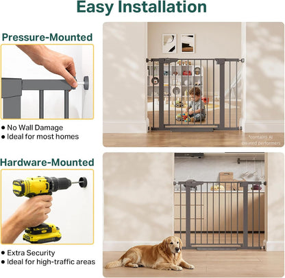 Cumbor 29.7-48" Baby Gate for Stairs, Mom's Choice Awards Winner-Dog Gate for Doorways, Auto Close Safety Pet Gate for Dogs Indoor, Easy Install Pressure Mounted Child Gate with Walk Thru Door, Brown
