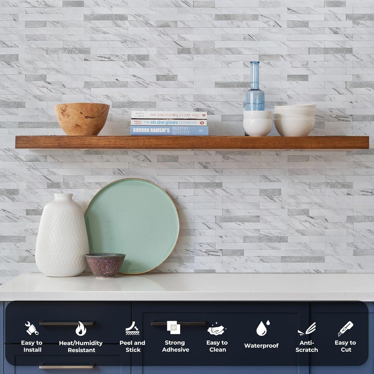 STICKGOO Peel and Stick Backsplash Tile, Stick on Backsplash for Kitchen and Bathroom, Volakas White Look PVC Mixed Metal Silver Self Adhesive Wall Tiles(Sample)