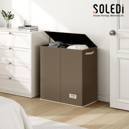 SOLEDI Luxury Double Laundry Hamper with Lid and Removable Bags, 38.3 Gal Large Laundry Bin, Laundry Basket 2 Sections, Collapsible Clothes Hamper for Bedroom, Laundry Room, Bathroom, Off-white