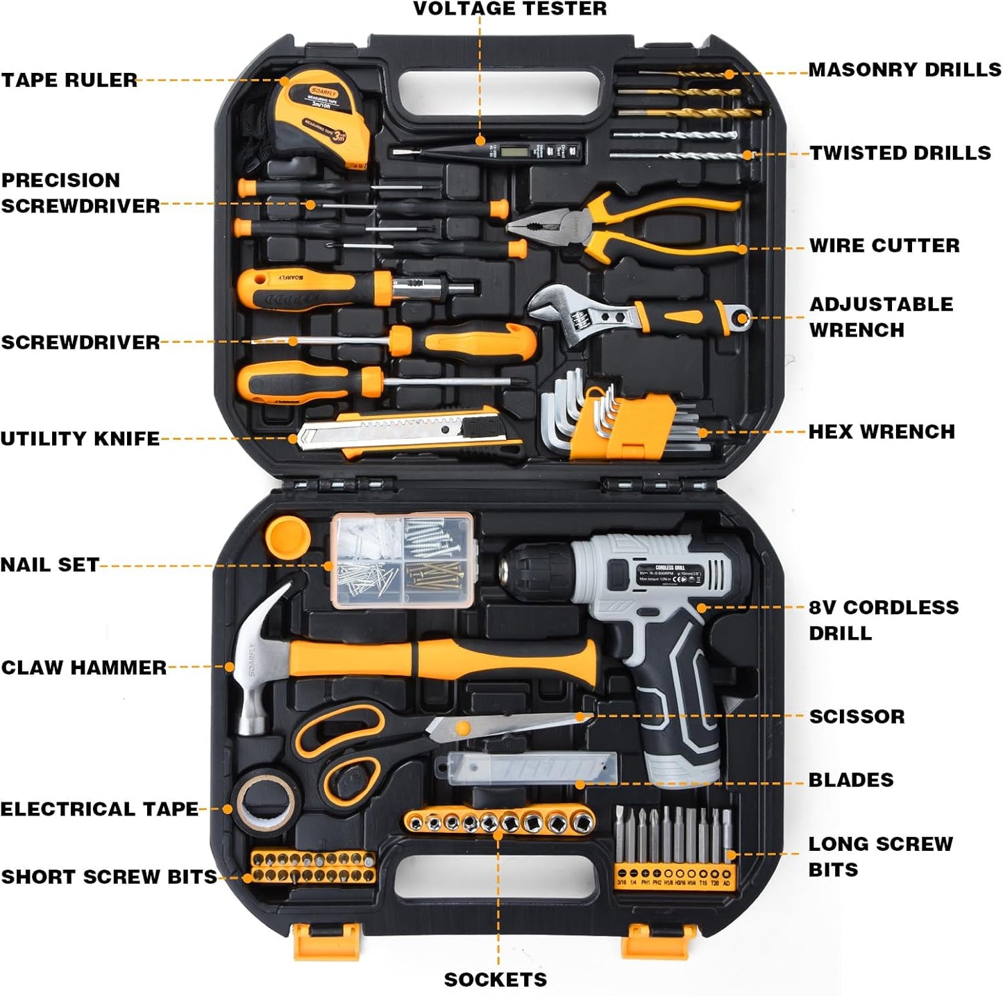 Upgraded 180 Piece Tool Set, Tool Kit with 8V Cordless Drill Set, General Household Hand Drill Kit for Men and Women, Plastic Storage Toolbox for DIYers, Home Maintenance and Everyday Repairs(Orange)