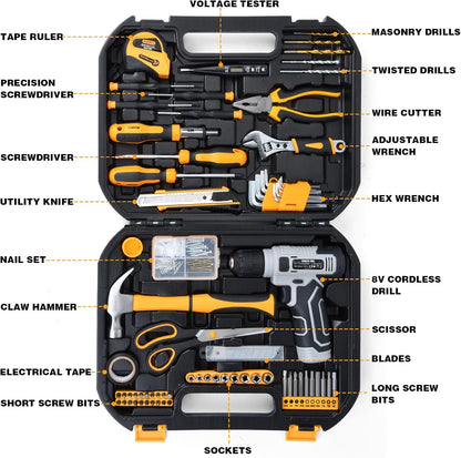Upgraded 180 Piece Tool Set, Tool Kit with 8V Cordless Drill Set, General Household Hand Drill Kit for Men and Women, Plastic Storage Toolbox for DIYers, Home Maintenance and Everyday Repairs(Orange)