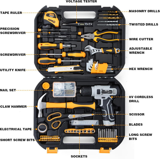 Upgraded 180 Piece Tool Set, Tool Kit with 8V Cordless Drill Set, General Household Hand Drill Kit for Men and Women, Plastic Storage Toolbox for DIYers, Home Maintenance and Everyday Repairs(Orange)