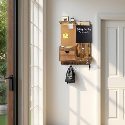 Key Holder for Wall Mount with Shelf and Mail Organizer, Key and Mail Holder with 16 Hooks, Farmhouse Entryway Organizer, Home Decor Rack (Pine Wood, Black)