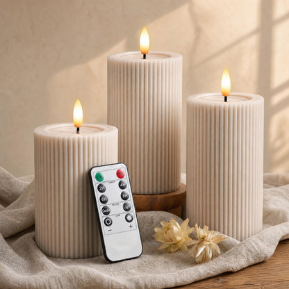 Fluted Ribbed LED Pillar Candles, Cream Beige, with Reflective Melted-Wax Effect – Flickering Flame, Remote, Dimmable, Flameless, Battery Operated, Home & Wedding Decor (Set of 3)