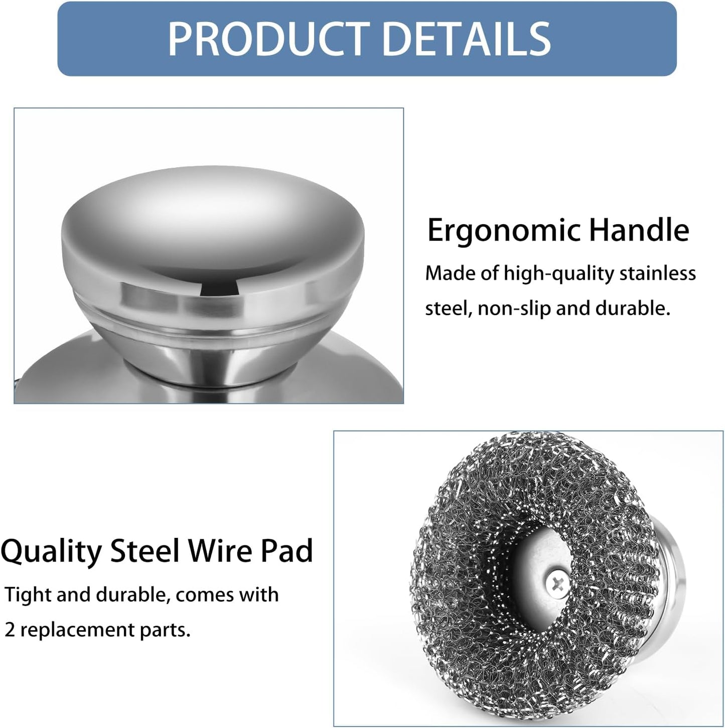 4Pcs Steel Wool Scrubber Set, Stainless Steel Scrubber with Stainless Steel Handle, for Cleaning Dishes, Cast Iron, Stock Pots, Pans, Griddles, Grills