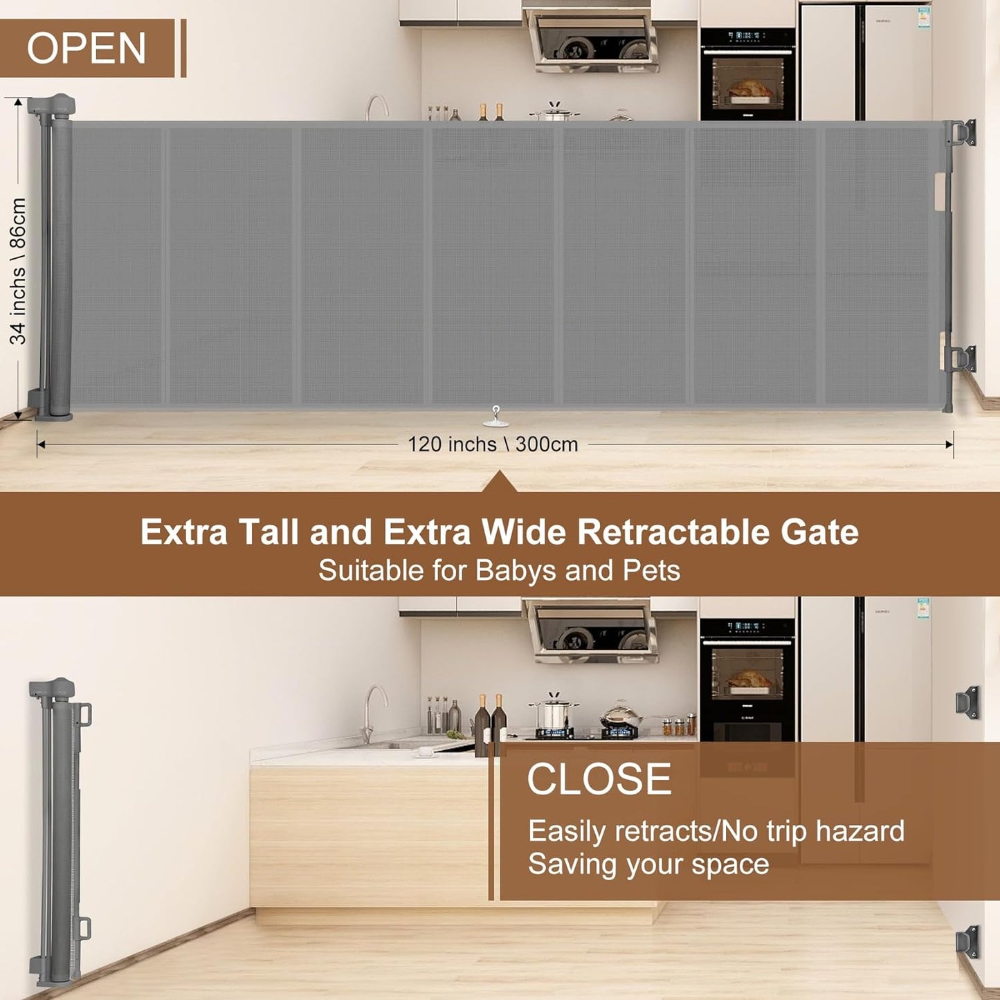 Miumoon 50 inch Retractable Baby Gates 34 inch Tall, Retractable Gate with Reinforced Strip Design to Prevent Crawling Through, Retractable Dog Gate for Stairs, Doorways, Hallways