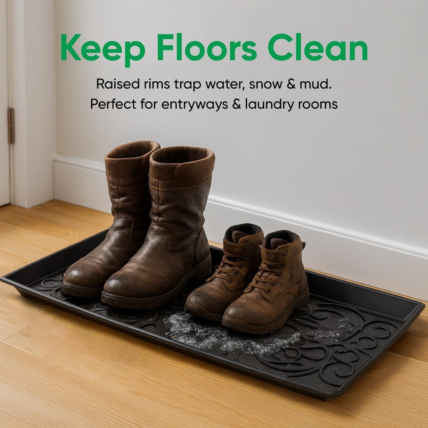 Superio Rubber Boot & Shoe Tray, 34 x 14 x 2 Rectangle, Heavy Duty, Protects Floors from Water and Dirt, Waterproof for All Weather Indoor Outdoor Use, Black (2)