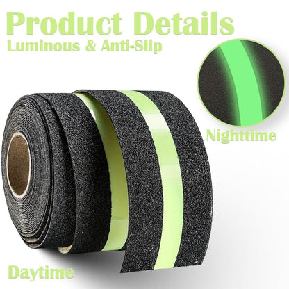 1Roll 5cmx5m Anti-Slip Traction Tape with Glow in the Dark Stripe, Waterproof Non-Skid Adhesive for Stairs, Steps, Outdoor & Indoor Use, High-Traction Safety Treads for Kids & Seniors (Black)
