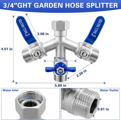 Garden Hose Splitter, 304 Stainless Steel 2 Way Hose Splitter with Long Handle, Heavy Duty Hose Y Spigot Splitter with Shutoff Valves, 3/4" GHT Thread Outdoor Faucet Splitter