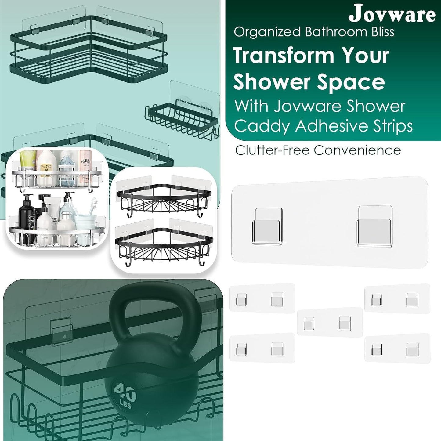 Shower Caddy Adhesive Replacement Sticker, Shower Adhesive Strip Adhesive Hook Bathroom Storage Shelf Organizer Sticker Adhesive Pads Hooks for Kitchen Caddy for Flat Wire, 2 Flat Hooks 6 1/2"