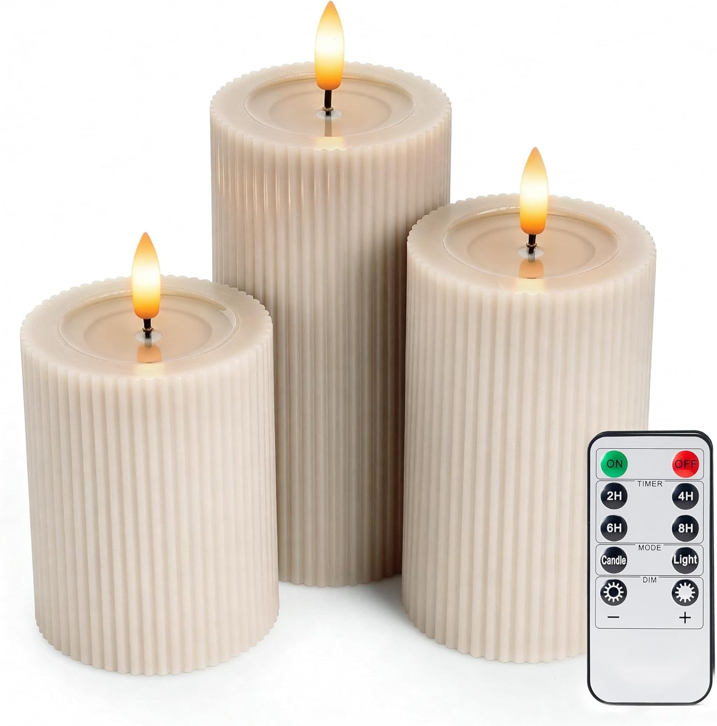 Fluted Ribbed LED Pillar Candles, Cream Beige, with Reflective Melted-Wax Effect – Flickering Flame, Remote, Dimmable, Flameless, Battery Operated, Home & Wedding Decor (Set of 3)