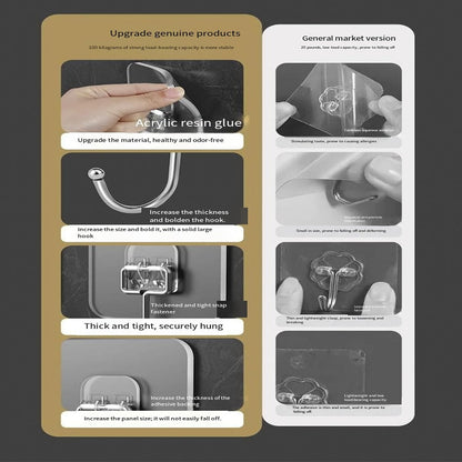 Wall Hooks for Hanging, Heavy Duty Adhesive Hooks, 100lbs Weight Capacity, Waterproof Transparent Sticky Hooks for Towels, Keys, Pictures, Bathroom, No Nails Needed(30 Pieces) (30)