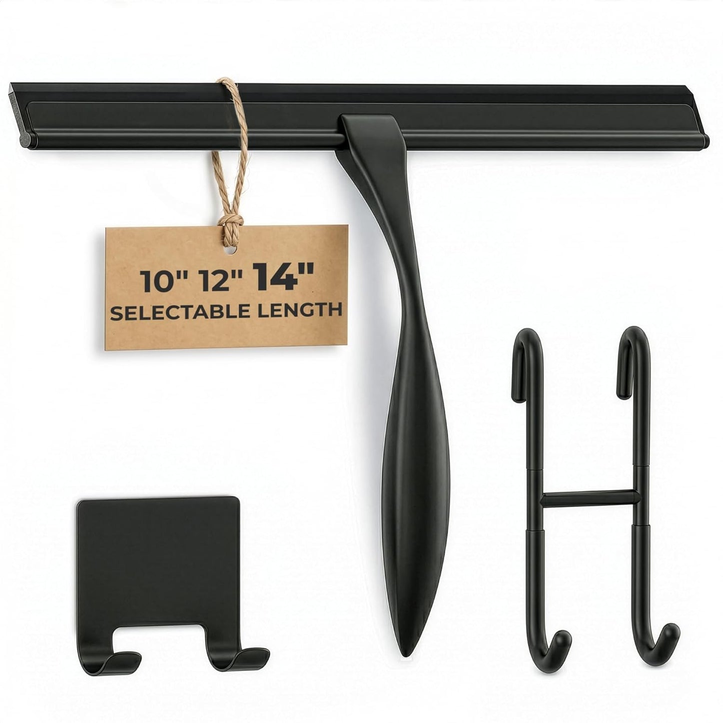 Shower Door Squeegee with Adhesive & Hanging Hooks, 12" Silicone Blade - Stainless Steel All-Purpose Squeegee for Shower Glass, Bathroom Mirror Cleaner Tool Suitable for Tile Walls - Multi-Surface Use