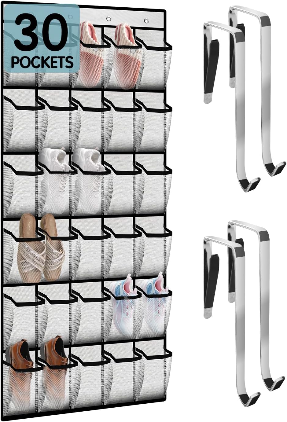 Kotkn Over the Door Shoe Organizer with 30 Breathable Mesh Pockets - Large Capacity Closet Storage for Men & Women, Hanging Shoe Rack Organizer (Gray)