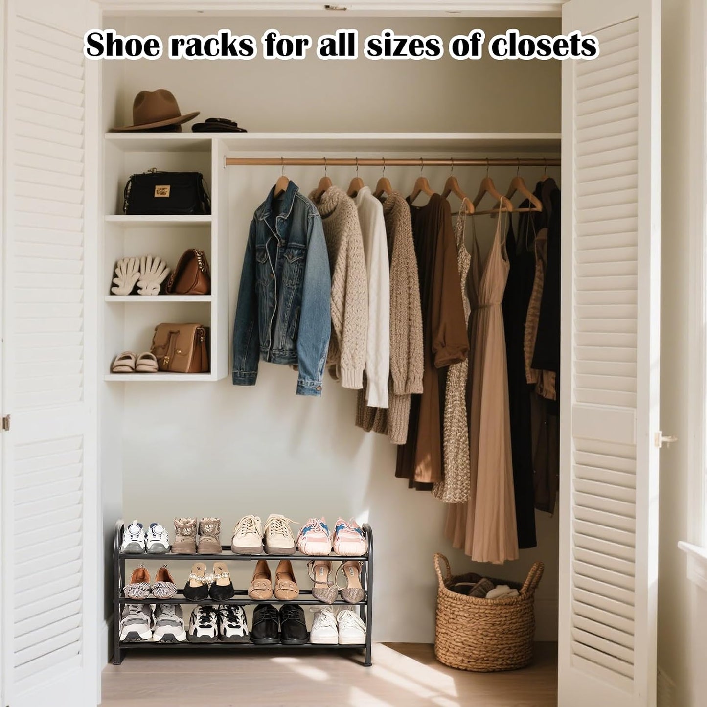 4-Tier Expandable Shoe Rack, Stackable and Adjustable Shoes Organizer Storage Shelf, Sturdy and Durable Metal Structure Free Standing Shoe Rack for Closet Entryway Doorway