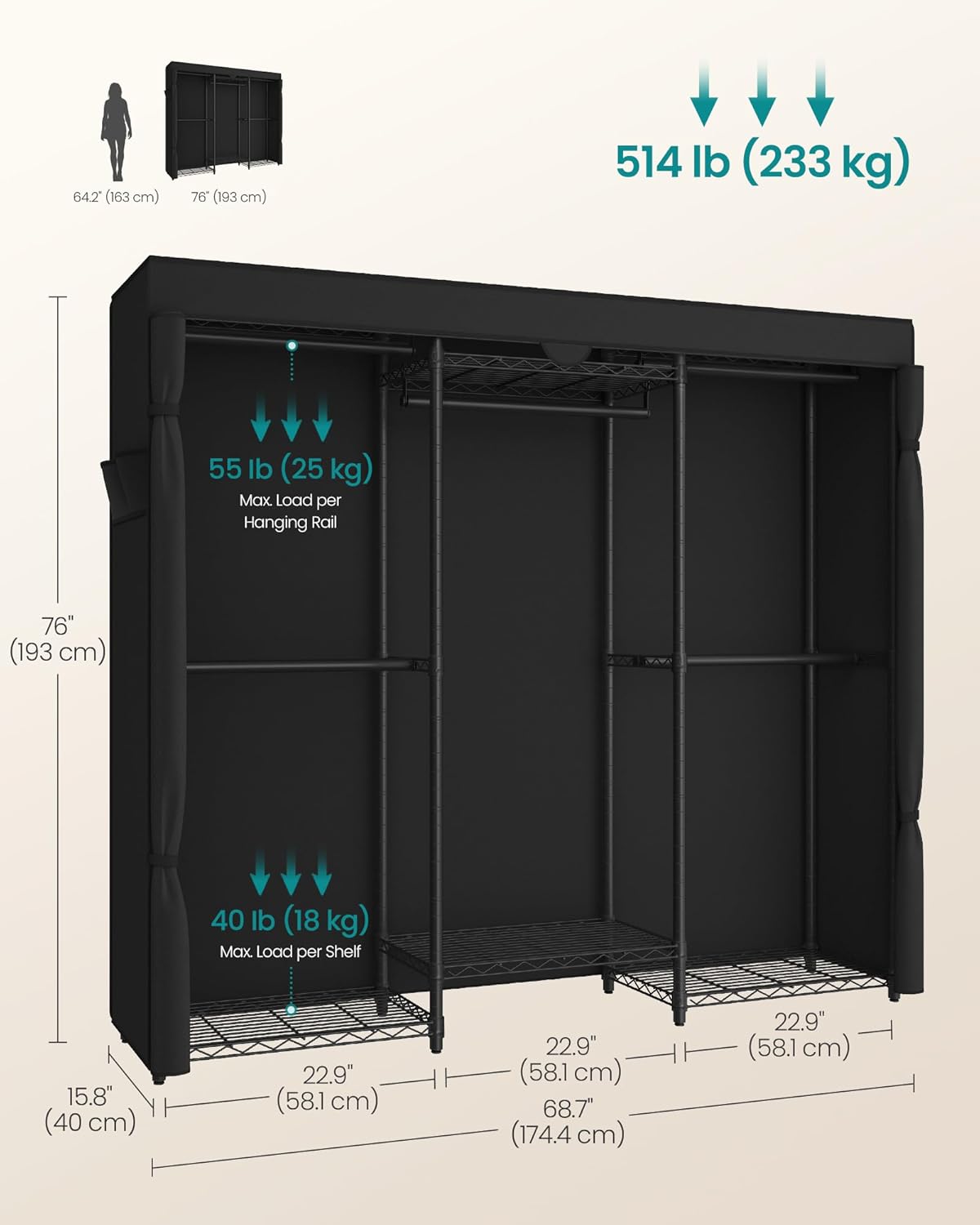 SONGMICS Heavy-Duty Clothes Rack, Garment Rack, Portable Closet, 68.7-Inch Wide Clothing Rack with Adjustable Mesh Shelves and Hanging Rails, Ink Black ULGR433B01