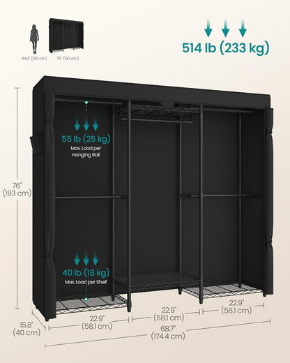 SONGMICS Heavy-Duty Clothes Rack, Garment Rack, Portable Closet, 68.7-Inch Wide Clothing Rack with Adjustable Mesh Shelves and Hanging Rails, Ink Black ULGR433B01