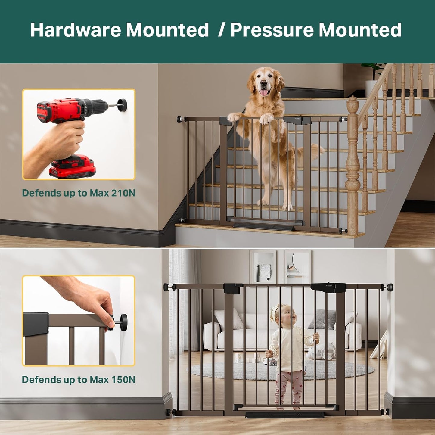 Cumbor 29.7-48" Baby Gate for Stairs, Mom's Choice Awards Winner-Dog Gate for Doorways, Auto Close Safety Pet Gate for Dogs Indoor, Easy Install Pressure Mounted Child Gate with Walk Thru Door, Brown