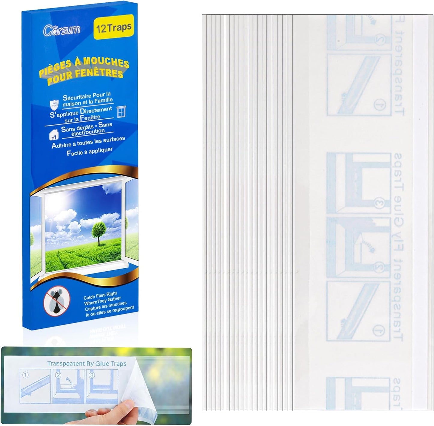 Garsum Window Fly Traps Indoor, Fly Paper Bug Sticky Strips, House Fly Killer Window Decal Non-Toxic，12 Pack