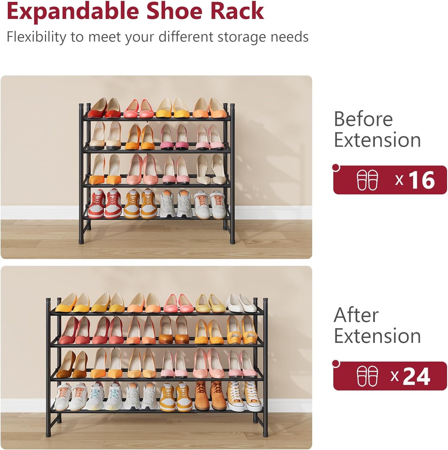 Tajsoon Expandable Shoe Rack for Closet 3 Tier, 28“-41“Adjustable & Stackable Shoe Shelf Storage, Metal Shoe Rack Organizer for Front Door Entrance, Closet, Garage, Entryway, Black