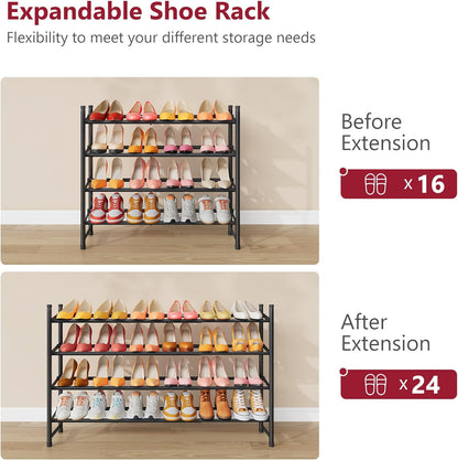 Tajsoon Expandable Shoe Rack for Closet 3 Tier, 28“-41“Adjustable & Stackable Shoe Shelf Storage, Metal Shoe Rack Organizer for Front Door Entrance, Closet, Garage, Entryway, Black
