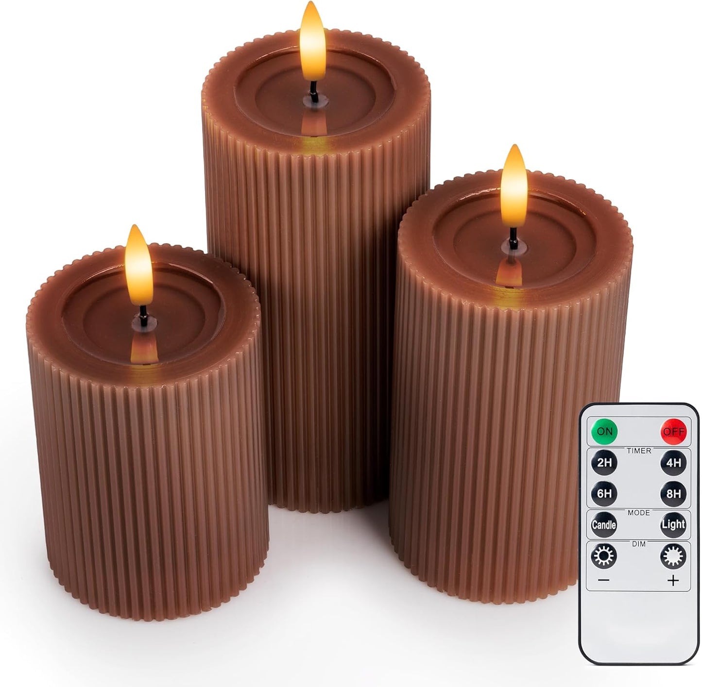 Fluted Ribbed LED Pillar Candles, Cream Beige, with Realistic Reflective Melted-Wax Effect – Flickering Flame, Remote, Dimmable, Flameless, Battery Operated, Home & Wedding Decor (Set of 3)