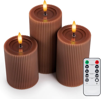 Fluted Ribbed LED Pillar Candles, Cream Beige, with Realistic Reflective Melted-Wax Effect – Flickering Flame, Remote, Dimmable, Flameless, Battery Operated, Home & Wedding Decor (Set of 3)