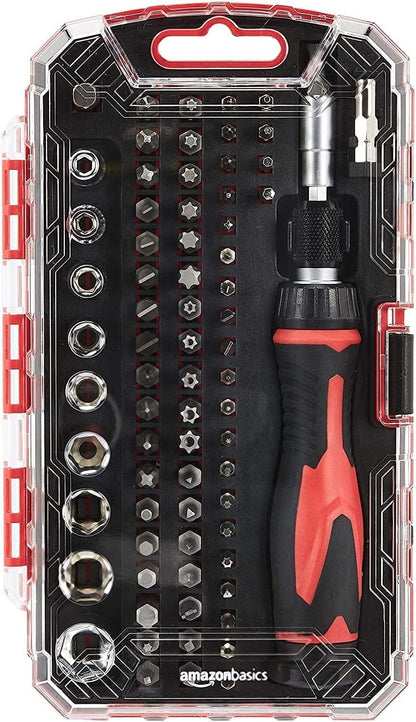 Amazon Basics 27-Piece Ratchet Screwdriver and Socket Set, Light-Duty T-Handle with Magnetic Bit Holder, Cr-V Steel, for Household DIY, Electronics and Appliance Repair, Compact Tool wit Hard Case