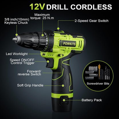 Cordless Drill Tool Set: 12V Power Drill Tool Kit with Battery & Charger, 25+1 Torque Setting, Portable Household Basic Drills Case for Men & Women, 2-Speed Electric Drill Set, 142 Piece, Green