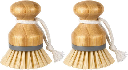 MR.SIGA Dish Brush with Bamboo Handle Built-in Scraper, Scrub Brush for Pans, Pots, Kitchen Sink Cleaning, Pack of 2