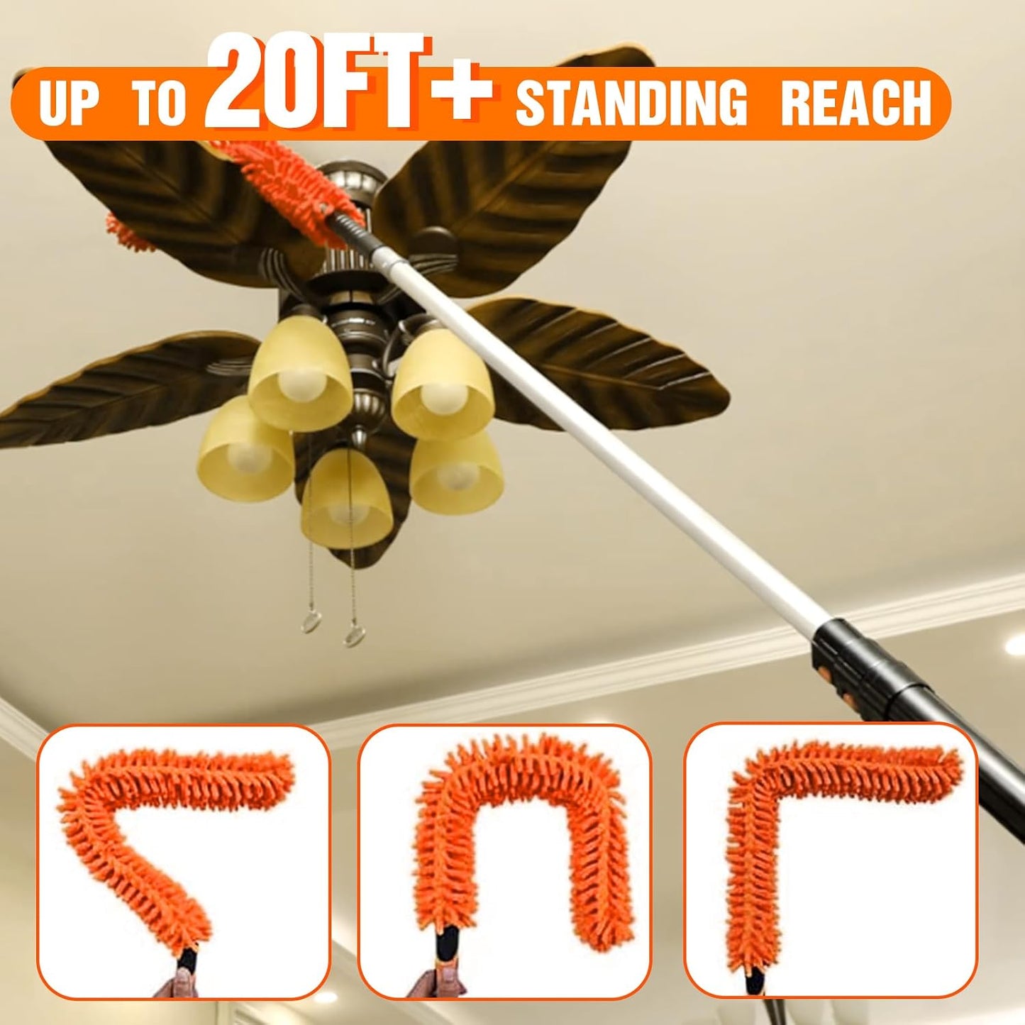 LAANPOLE 26FT Reach Ceiling Fan Cleaner Duster, Fan Blade Cleaner Kit with 5-20FT Extension Pole, Microfiber Duster & Replaceable Cleaning Cloth for Blades, Ceiling, Furniture