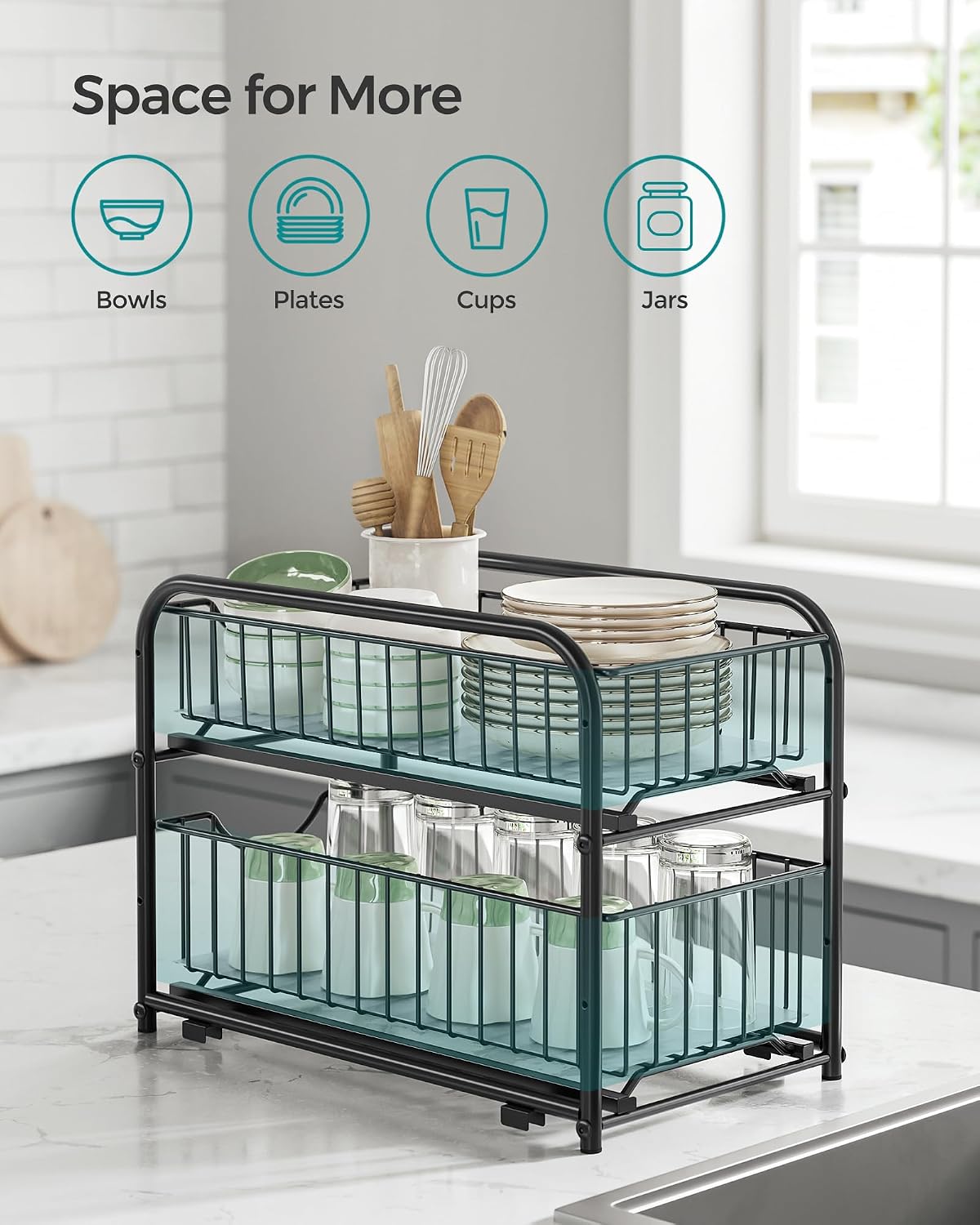 SONGMICS 2-Tier Pull Out Cabinet Organizers, Under Sink Organizer, Bathroom Organizer and Storage, Sliding Basket Drawers, Stackable for Kitchen, Bathroom, Metallic Silver UKCS017E01