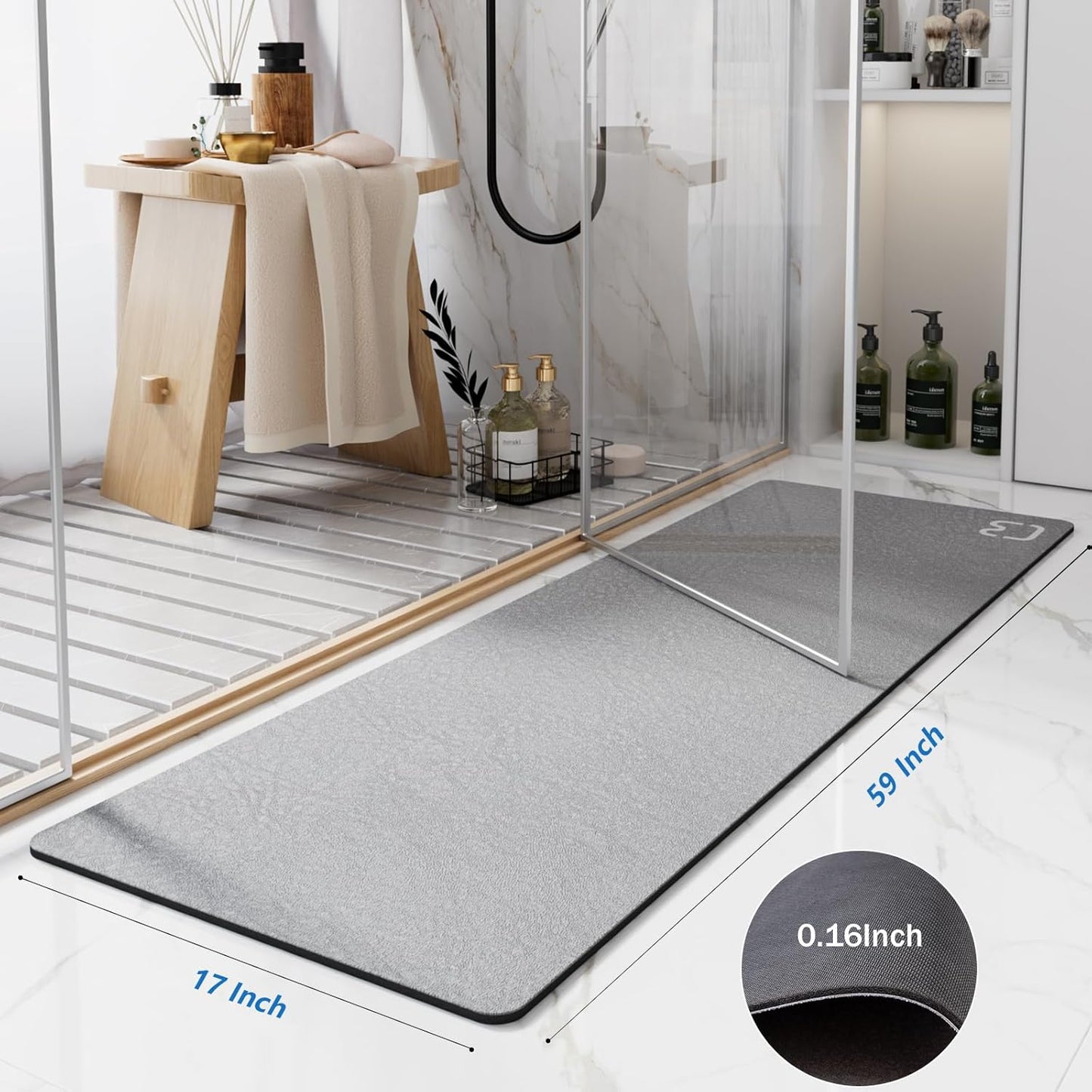 Diatomaceous Earth Bath Mat Rugs Super Absorbent Diatomite Stone Bath Mat Non Slip Quick Dry Thin Bathroom Mat Fit Under Door, Floor Rugs in Front of Bathtub, Shower Room, Sink,15.7"x23.6", Grey