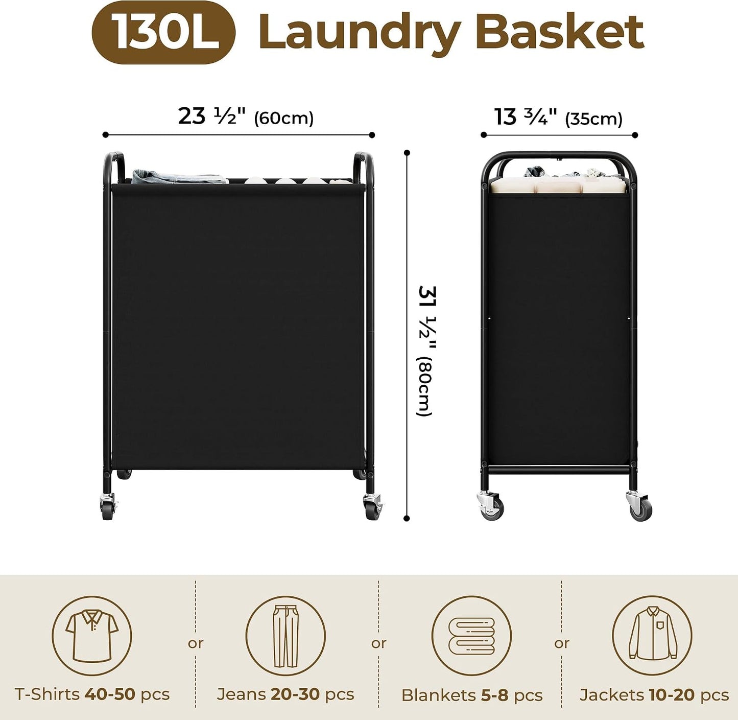 GRANNY SAYS 2 Section 130L Laundry Sorter, Large Laundry Hamper Basket with Wheels and Handles, Durable and Sturdy Rolling Cart for Laundry Room, Hotel, Bedroom, Beige