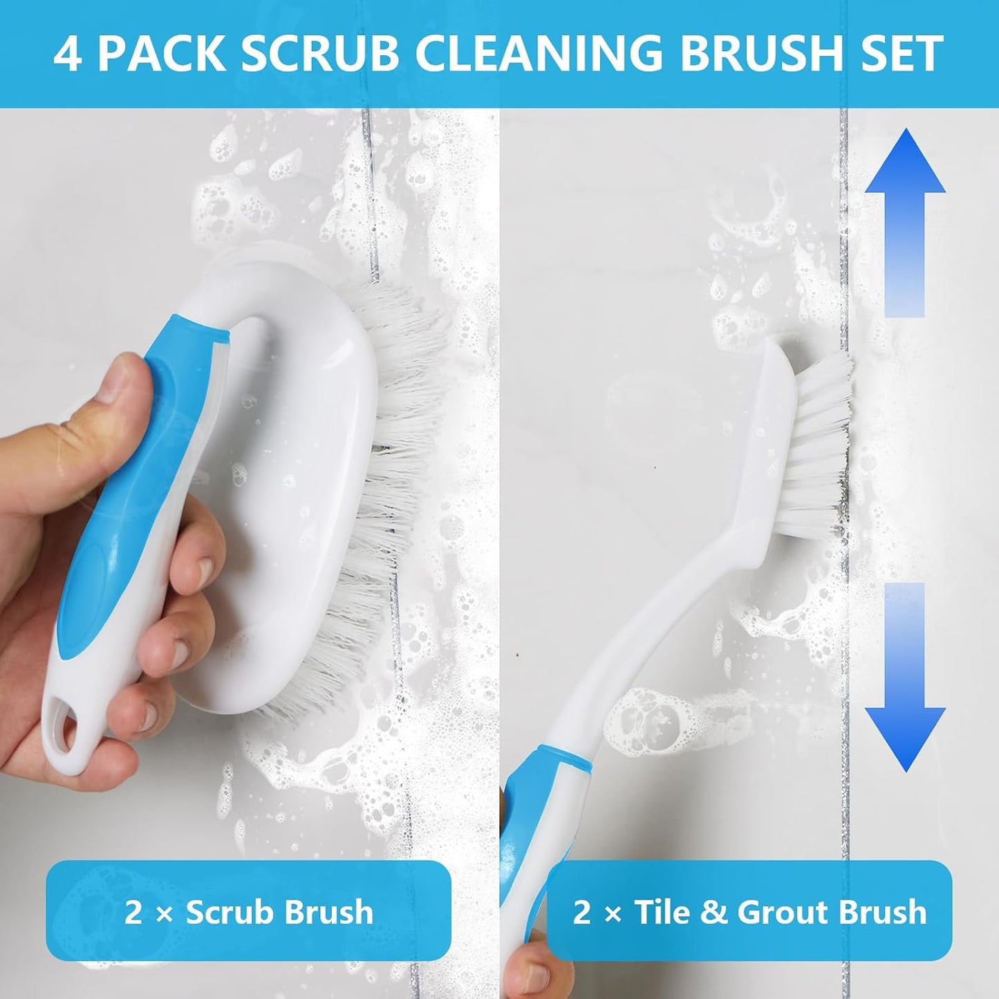 Scrub Brush Set, 4 Pack Deep Cleaning Brush Kit - 2 Scrub Brush, 2 Tile & Grout Brush with Built-in Scraper, Household Commercial Scrubber for Floor, Shower, Pool Wall, Tub (Green)