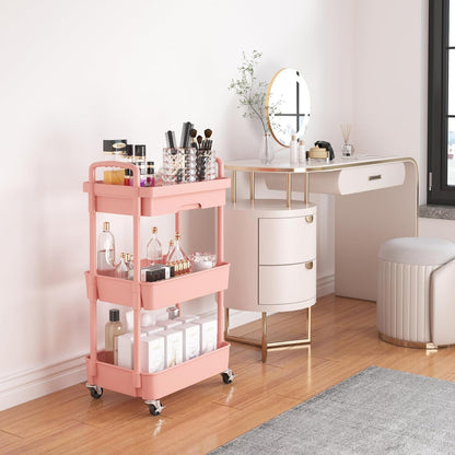 Calmootey 3-Tier Rolling Utility Cart with Drawer,Multifunctional Storage Organizer with Plastic Shelf & Metal Wheels,Storage Cart for Kitchen,Bathroom,Living Room,Office,White