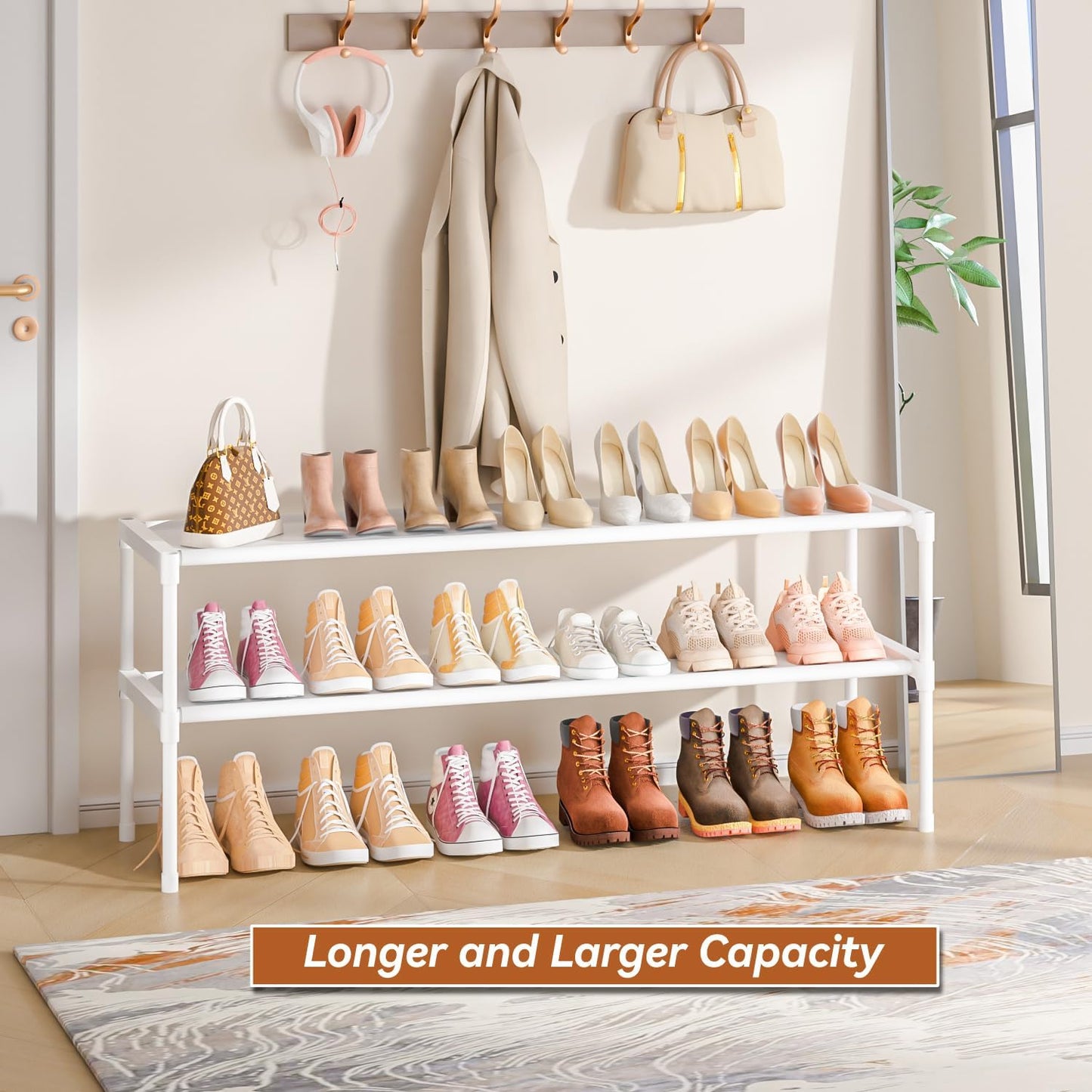 LUKYTOWER Extra Long Shoe Rack 2 Tier Shoe Storage Organizer Wide Stackable Shoe Organizer Racks for Closet Entryway,Shoe Shelf Stand Sturdy Durable Shoes Rack Holder Save Space