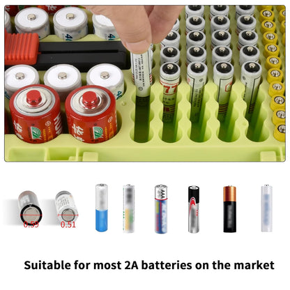 Xuerdon Battery Organizer Storage Case with Tester, 120+ Slots for Home | Hard Plastic for AA AAA C D 9V and Coin Cells, Wall-Mount/Drawer, Home Battery Managemt, Purple, Batteries Not Included