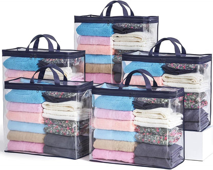 5PACK Clear Zippered Storage Bag for Clothes, 22L Clear Storage Bags, and Blanket Storage Bags for Bedding, Blankets, Comforters, Clothing, Books, DVD & CD (White)