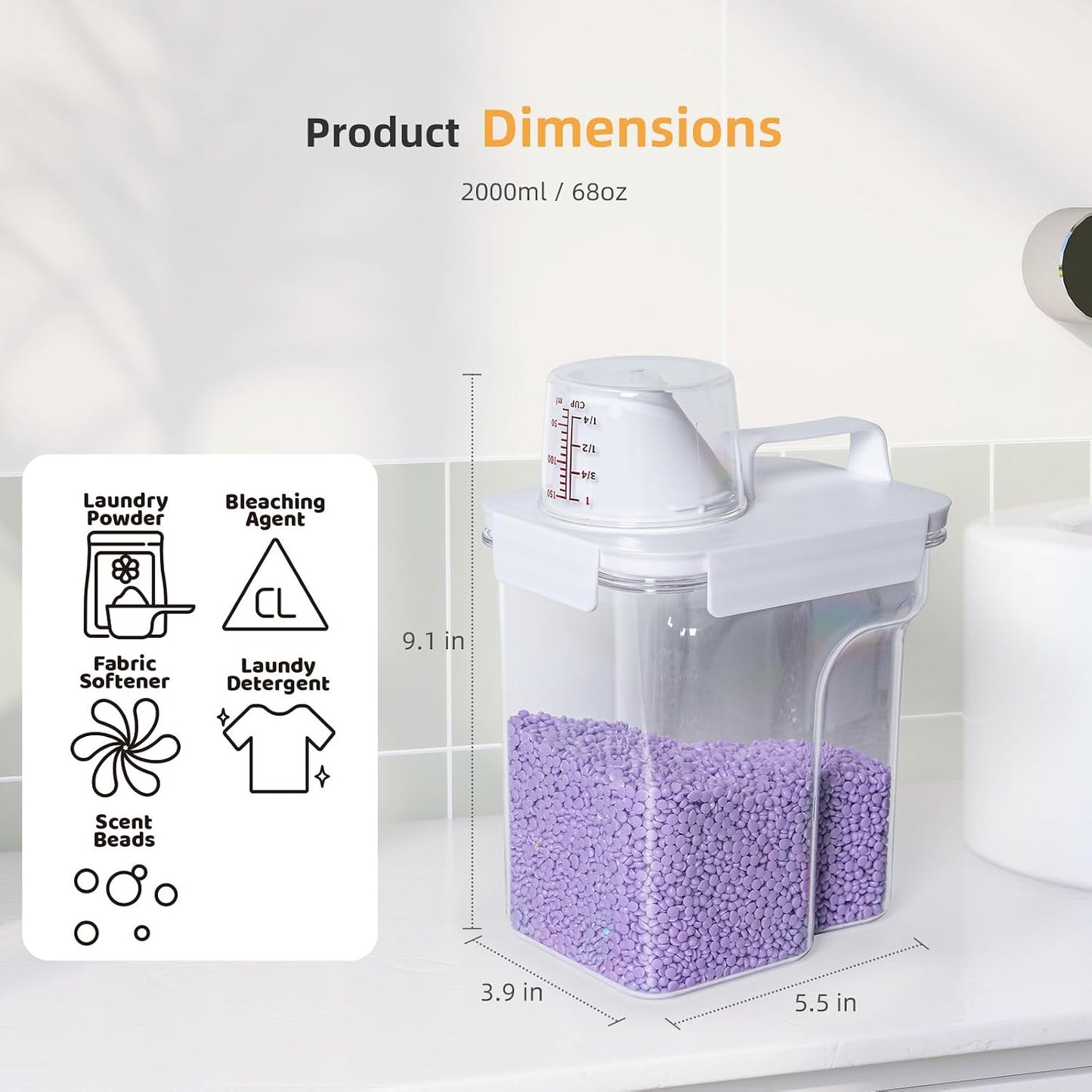 G2 GO2GETHER Laundry Detergent Container,2Pack -68oz Laundry Detergent Dispenser with 5 labels for Laundry Room, Laundry Scent Beads, Powder,Bleach,Soap,Fabric Softener Storage and Organization.