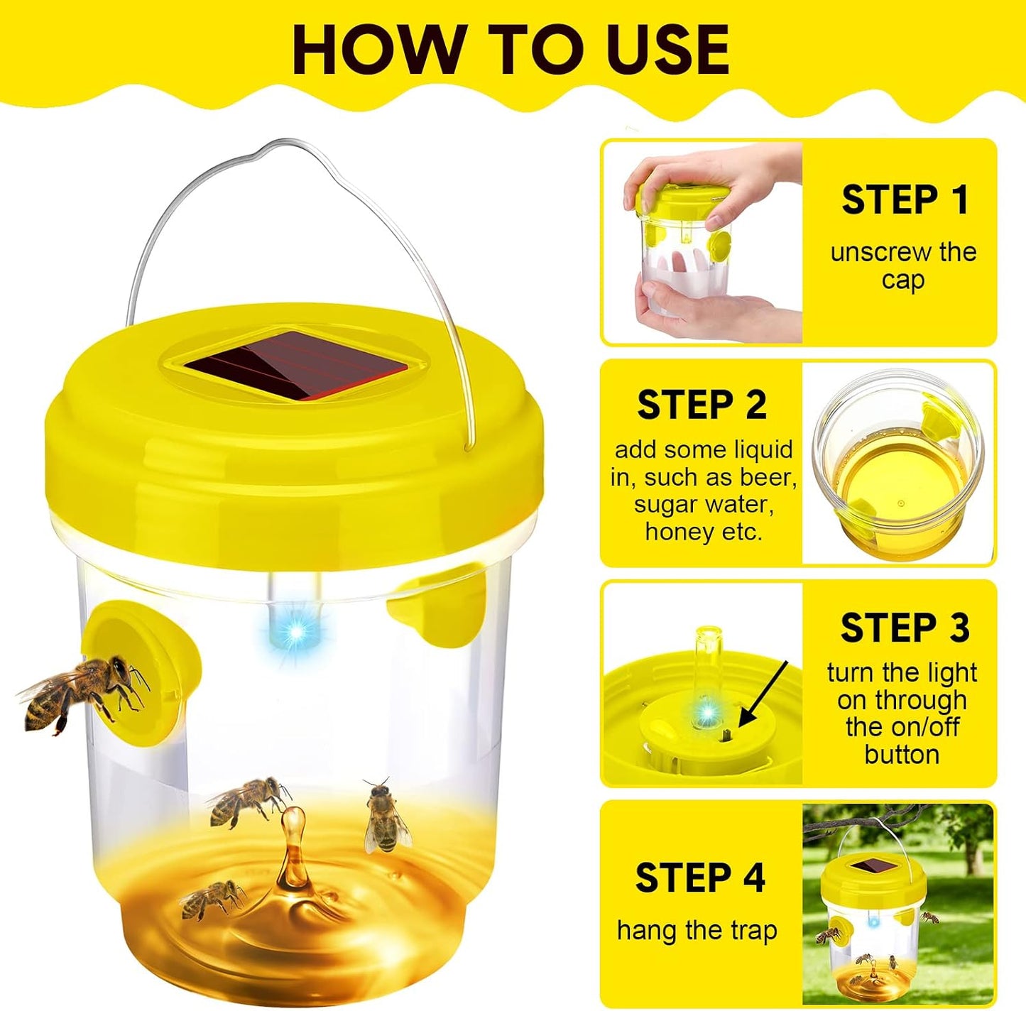 Wasp Trap Solar Powered Bee Trap Reusable Fly Traps Outdoor Hanging Wasp Killer with UV LED Light Flying Insects Bee Killer for Indoor Outside Patio Garden Home (6, Yellow)