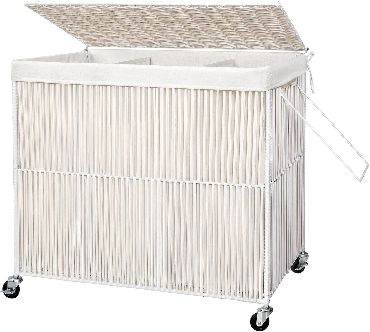 WOWLIVE Laundry Hamper with Wheels, 160L Handwoven Rolling Laundry Basket 3 Section with Lid, Clothes Hamper with Removable Liner Bags, Large Capacity Laundry Sorter Laundry Room Organization, Natural