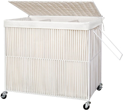 WOWLIVE Laundry Hamper with Wheels, 160L Handwoven Rolling Laundry Basket 3 Section with Lid, Clothes Hamper with Removable Liner Bags, Large Capacity Laundry Sorter Laundry Room Organization, Natural