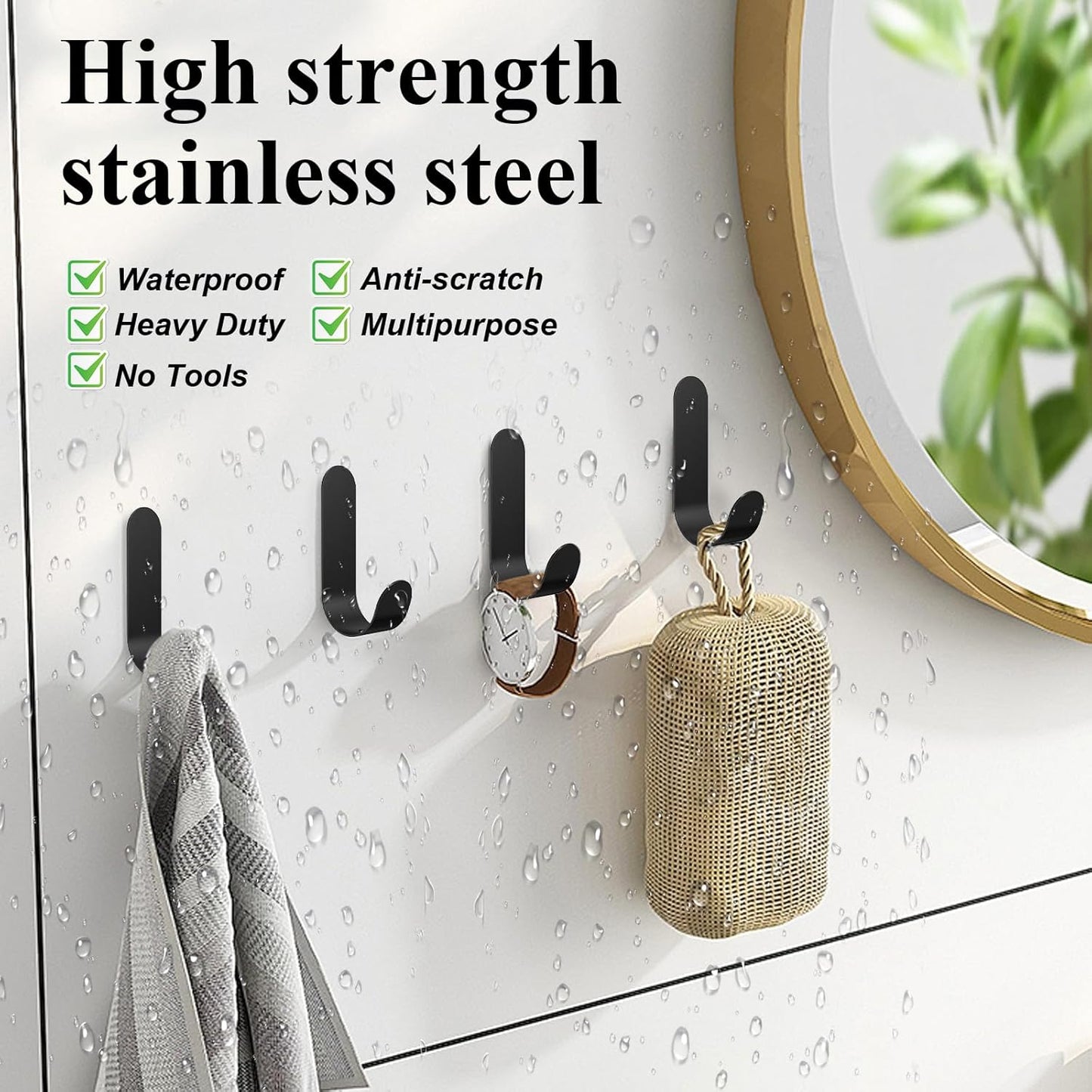 ATDOALL Adhesive Towel Hooks, 20 PCS Stainless Steel Self Adhesive Wall Hooks, Black Heavy Duty Shower Hook, Waterproof Oilproof Rustproof for Bathroom, Kitchen, Living Room