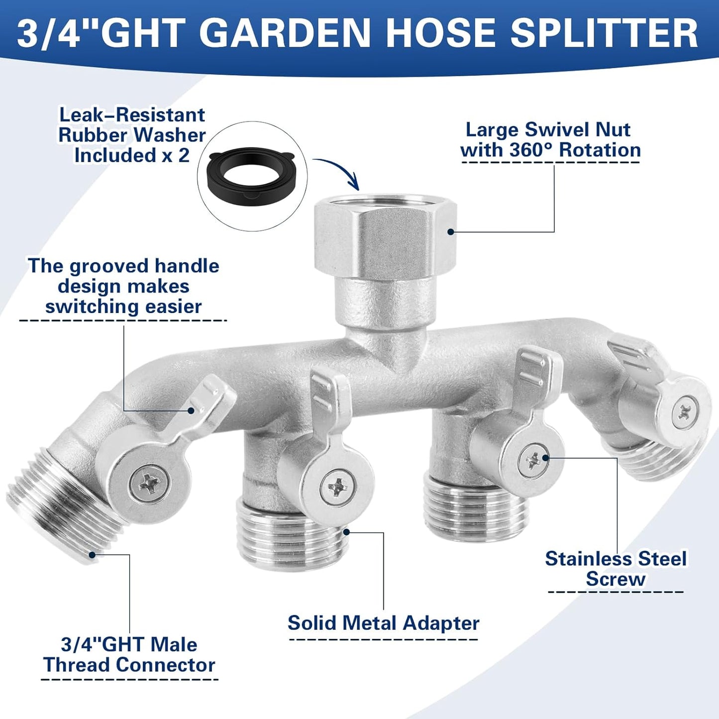 4 Way Garden Hose Splitter, 304 Stainless Steel Outdoor Faucet Splitter with 4 Individual Shut Off Valves, 3/4" GHT High Flow Hose Bib Spigot Connector